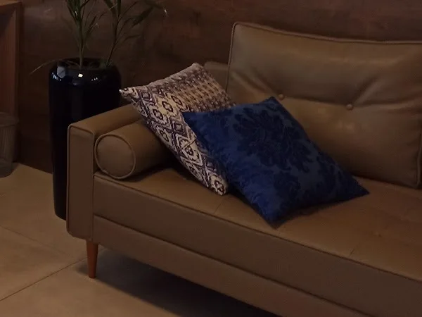 O sofá caramelo da sala de consulta, com almofadas azuis